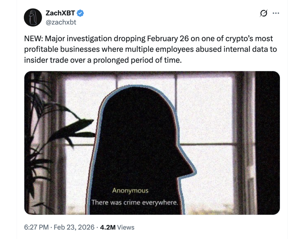 ZachXBT to Release Major Insider Trading Investigation on February 26