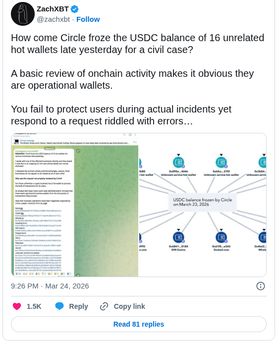 Circle Freezes 16 Business Hot Wallets