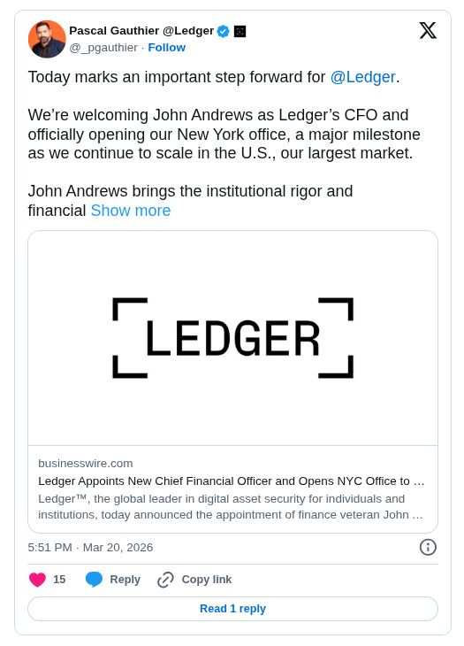 Ledger Appoints CFO John Andrews, Opens New York Office to Expand U.S. Crypto Business