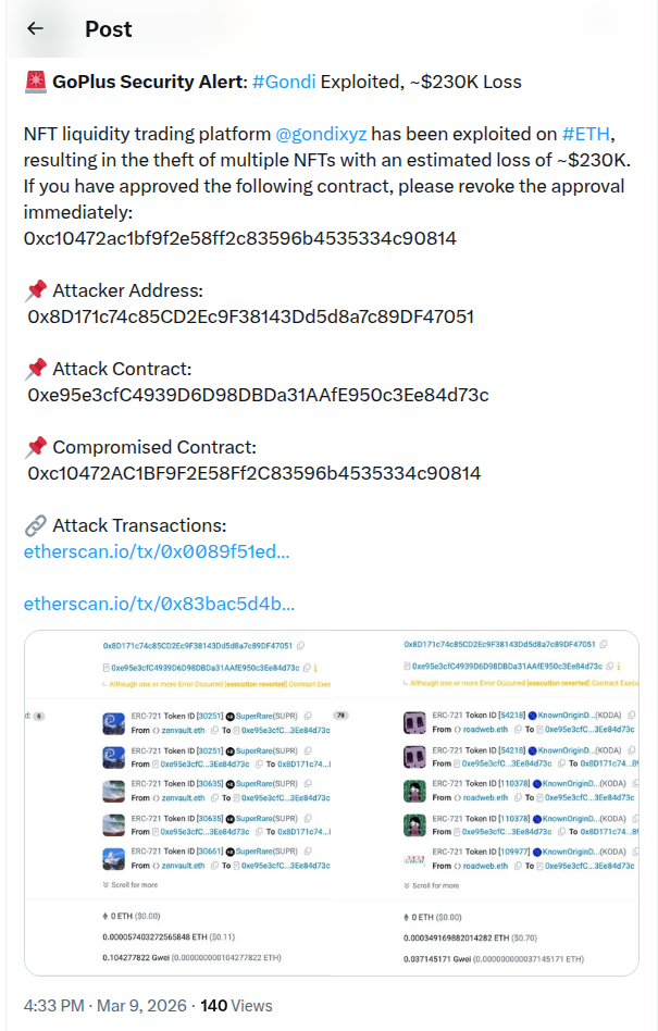 NFT Liquidity Platform Gondi Exploited