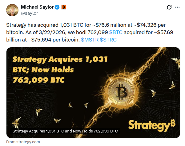 Saylor's Strategy buys 1,031 BTC for $76.6 Million