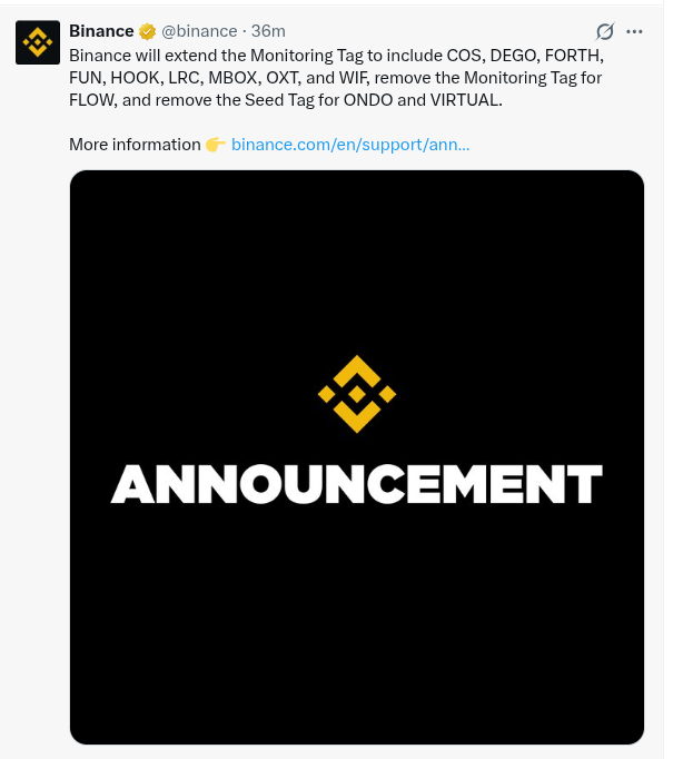 Binance Adds Monitoring Tag to Nine Tokens Including WIF, LRC and HOOK