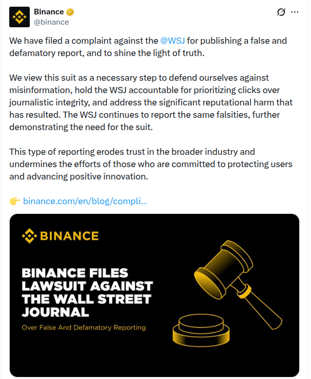 Binance Files Lawsuit Against The Wall Street Journal 