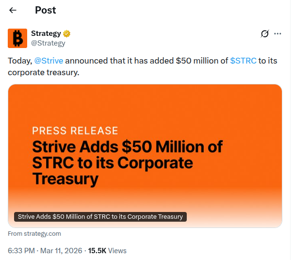 Strive Allocates $50 Million to Strategy’s STRC Preferred Stock as Institutional Treasury Adoption Grows