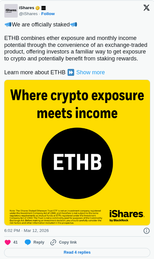 BlackRock Launches iShares Staked Ethereum Trust ETF (ETHB) With Monthly Staking Rewards