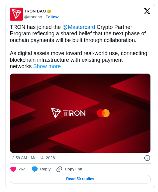 TRON Joins Mastercard’s Crypto Partner Program to Explore Blockchain Payment Use Cases