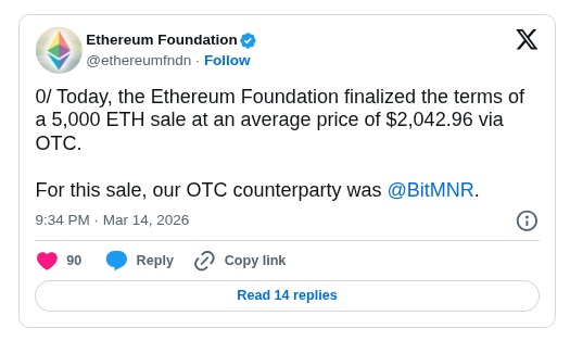 Ethereum Foundation Sells 5,000 ETH
