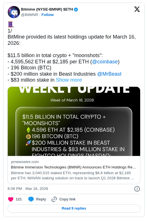 Bitmine (BMNR) Announces ETH Holdings Reach 4,595,562
