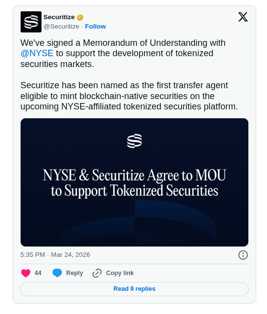 NYSE Partners with Securitize to Launch 24/7 Tokenized Securities Trading Platform