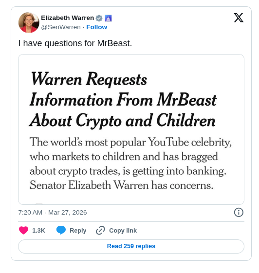 Elizabeth Warren Questions MrBeast Crypto Move, Child Safety Concerns Raised