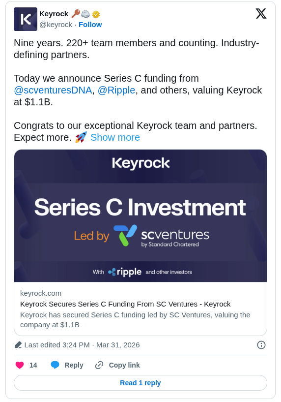 Keyrock Raises $1.1B Series