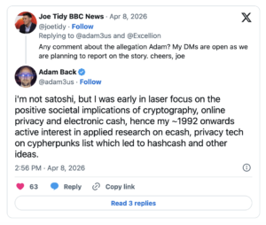 Adam Back Denying about Benig Satoshi in X Reply