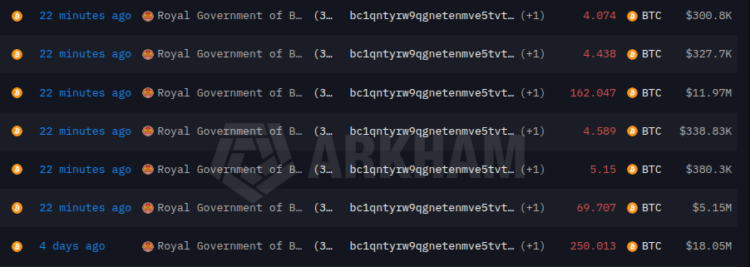 Royal Government of Bhutan Transfers 250 BTC Worth $18.46M
