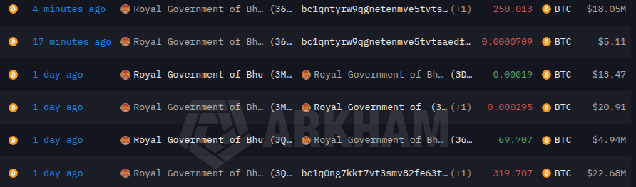 Royal Government of Bhutan Transfers 250 BTC to New Wallet Worth $18.05M
