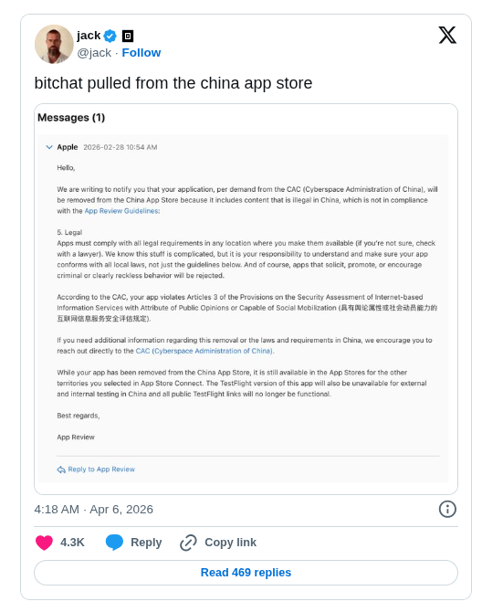 China Orders Apple to Remove Jack Dorsey’s Bitchat App from App Store
