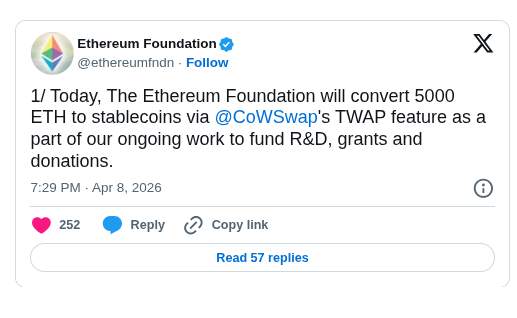 Ethereum Foundation 5000 ETH Sale via CoWSwap TWAP