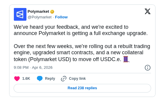 Polymarket Announces Full Exchange Upgrade to Control Trading and Outcome Verification