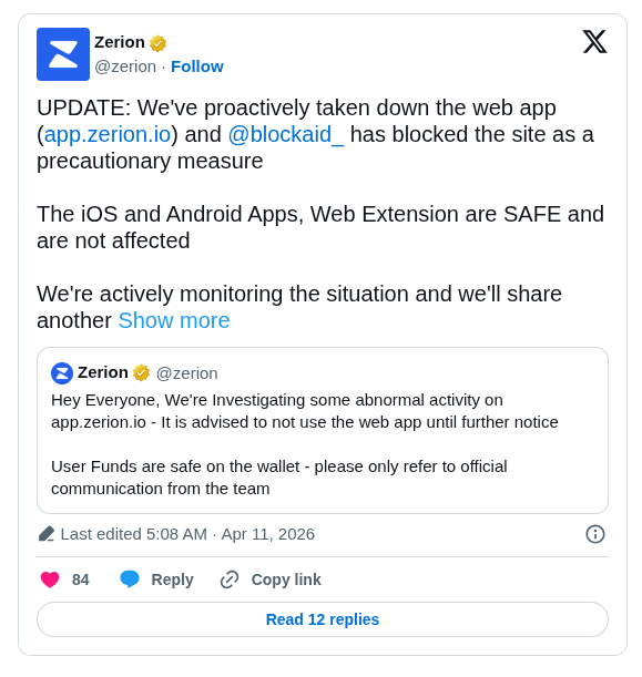 Zerion Web App Shutdown