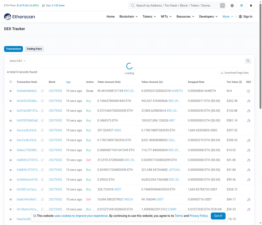 Etherscan DEX Tracker Page