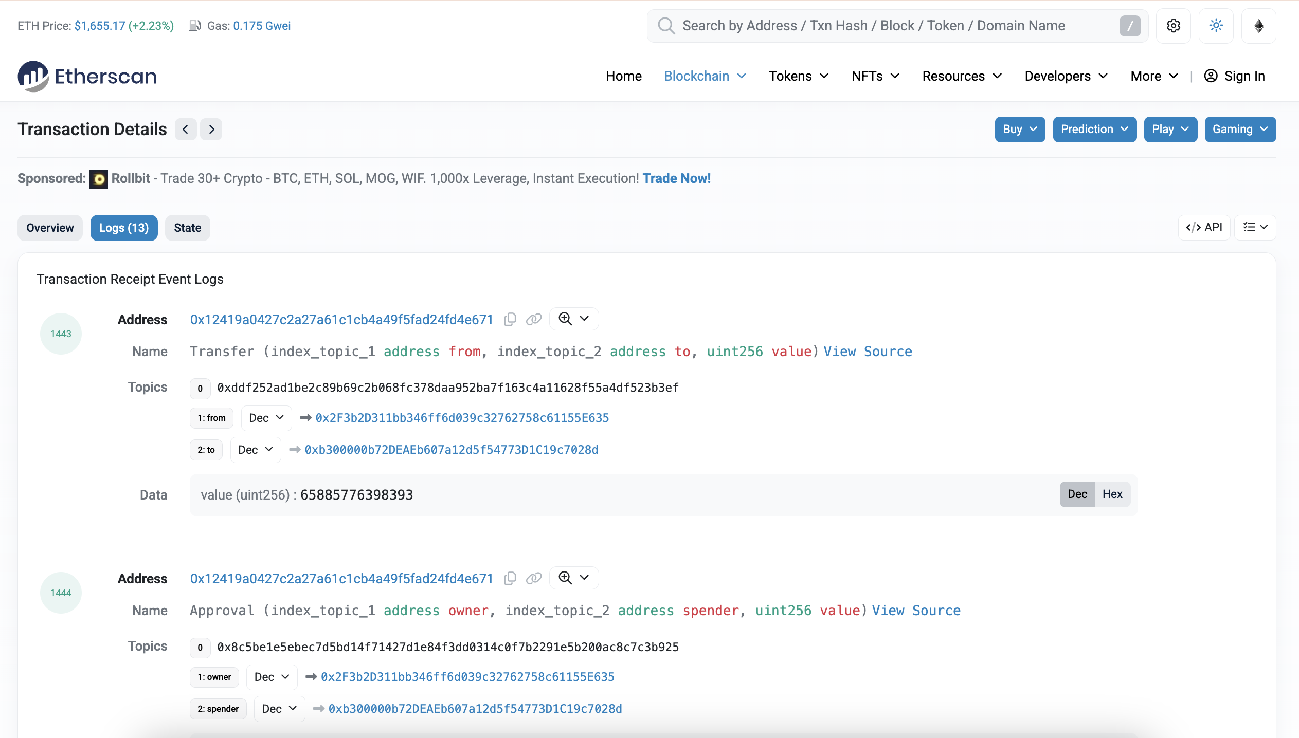 Etherscan Event Logs & Transaction Logs