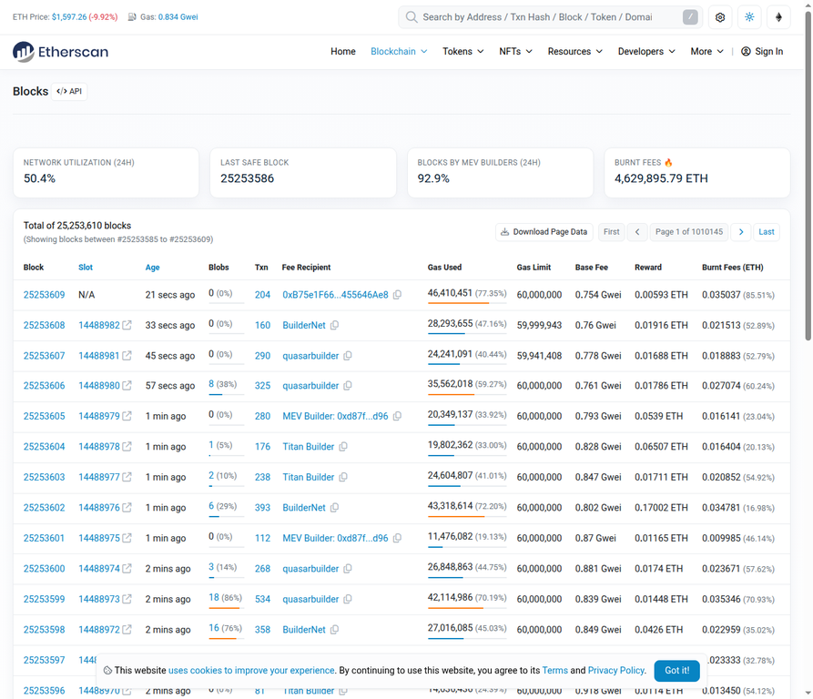 Etherscan Latest Blocks List