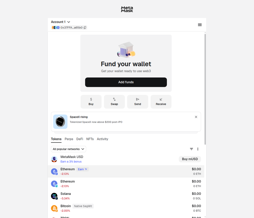 MetaMask Home Screen