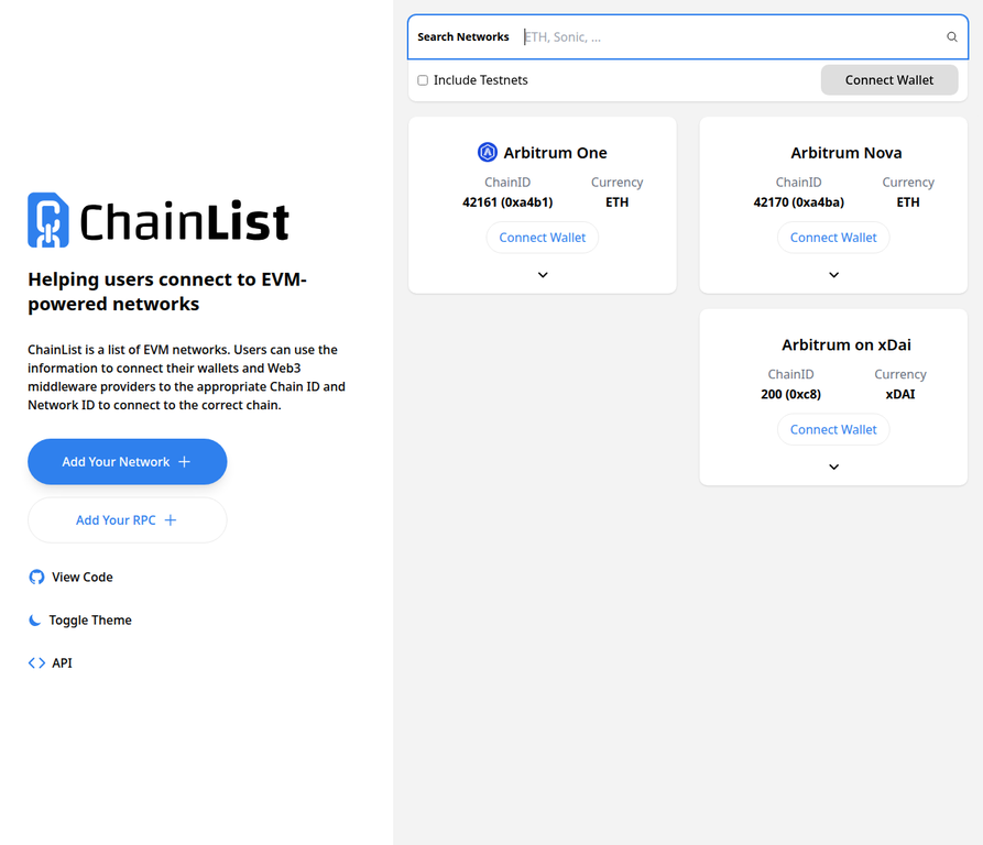 Searching for Arbitrum on Chainlist