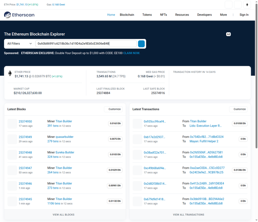 The Etherscan search bar with the USDC contract address entered.