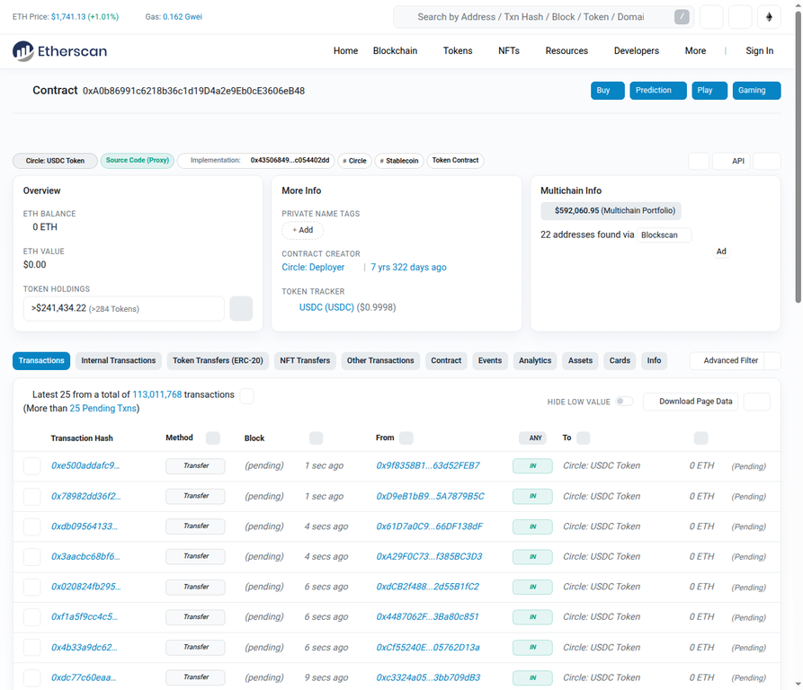 The USDC contract overview page, with the tab row including the Contract tab visible at the bottom.