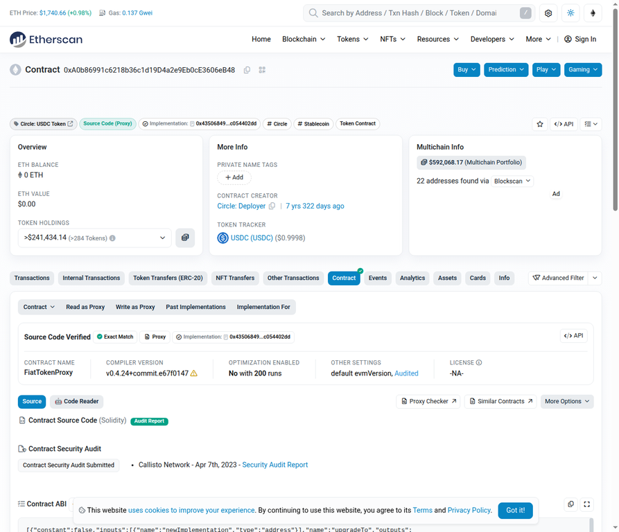 The Contract tab showing the green checkmark, which is the primary visual indicator of a verified contract.