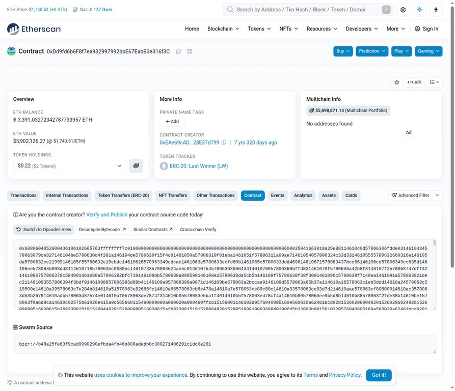An unverified contract with no green checkmark and a prompt urging the creator to verify the source code.