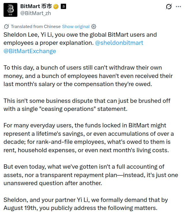 BitMart users demand fund transparency and a repayment plan by Aug. 19