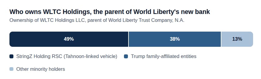 Who owns WLTC Holdings, the parent of World Liberty's new bank