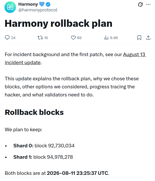 Harmony outlines its two-shard rollback plan